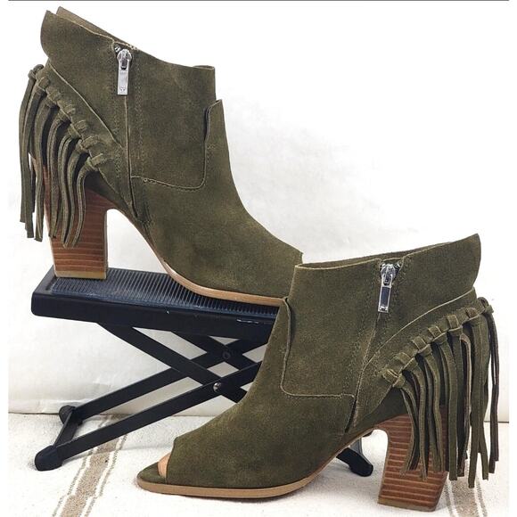 Marc Fisher Suede Fringe Open Toe Booties Women’s 9.5M Army Green Block Heel - Picture 2 of 14